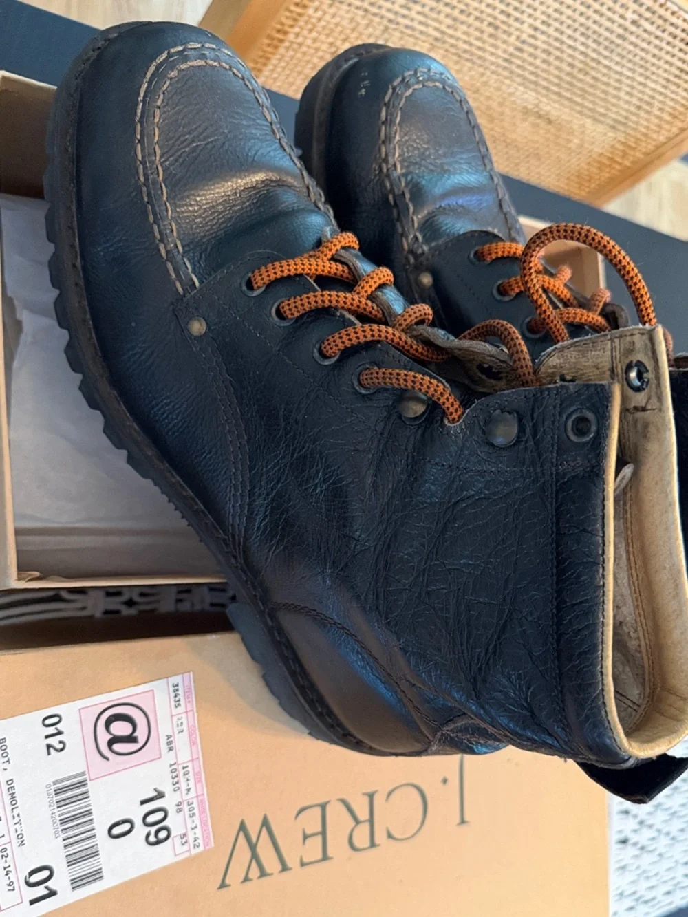 J. Crew Black Leather Men’s Lace-Up Boots with Orange Laces